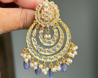 Pendientes Chandbali morados chapados en oro de 21 quilates, joyería nupcial india y pakistaní para bodas, Nikkah, sangeet, mehndi, regalo para ella.