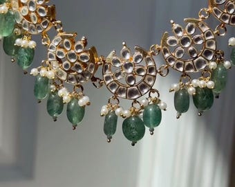Crescent Kundan Necklace Set with emerald Green Tourmaline Beads & Matching Earrings Indian Pakistani Bridal Jewelry Jadau Mughal inspired