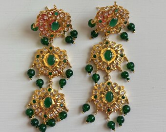 Emerald Earrings Indian Pakistani Jadau Earring, 21K Gold Plated on Silver Jewelry Wedding Jewelry Hyderabadi Jhumkas Mughal Style bridal