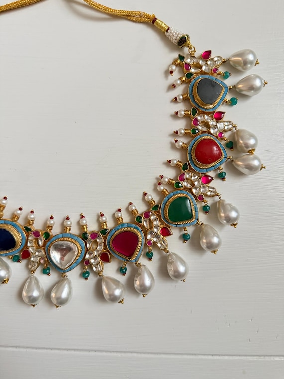 Kundan Navratan Necklace 24K Gold Plated Rajasthani Jewelry, Indian Bridal Wedding Statement Necklace Set Gift for Her Matching earrings