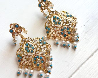 Hyderabadi Jadau ferozi Earrings, Mughal Inspired Jadau Bridal Jewelry, Indian Pakistani Wedding Earrings, Eid gift for her firozi pearl