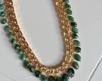 Raw Emerald Necklace Set With Chandbalis | 21k Gold Plated