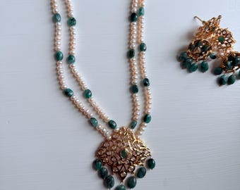 Fresh Pearl Mala with Natural Emeralds & Pendant Set| Indian Pakistani Bridal Jewelry | Mughal Style Jadau with matching jhumkas Pakistani