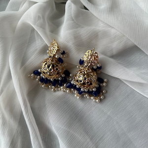 21K Gold-Plated Jhumkas with Pearls & Blue Sapphire Beads | Indian Wedding Earrings | Punjabi Jewelry for Eid Hyderabadi jewelry Bollywood