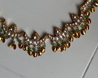 Kundan Polki Necklace Set 24K Gold Plated Crescent Moon Star Jewelry, Indian Pakistani Bridal Wedding Statement Necklace