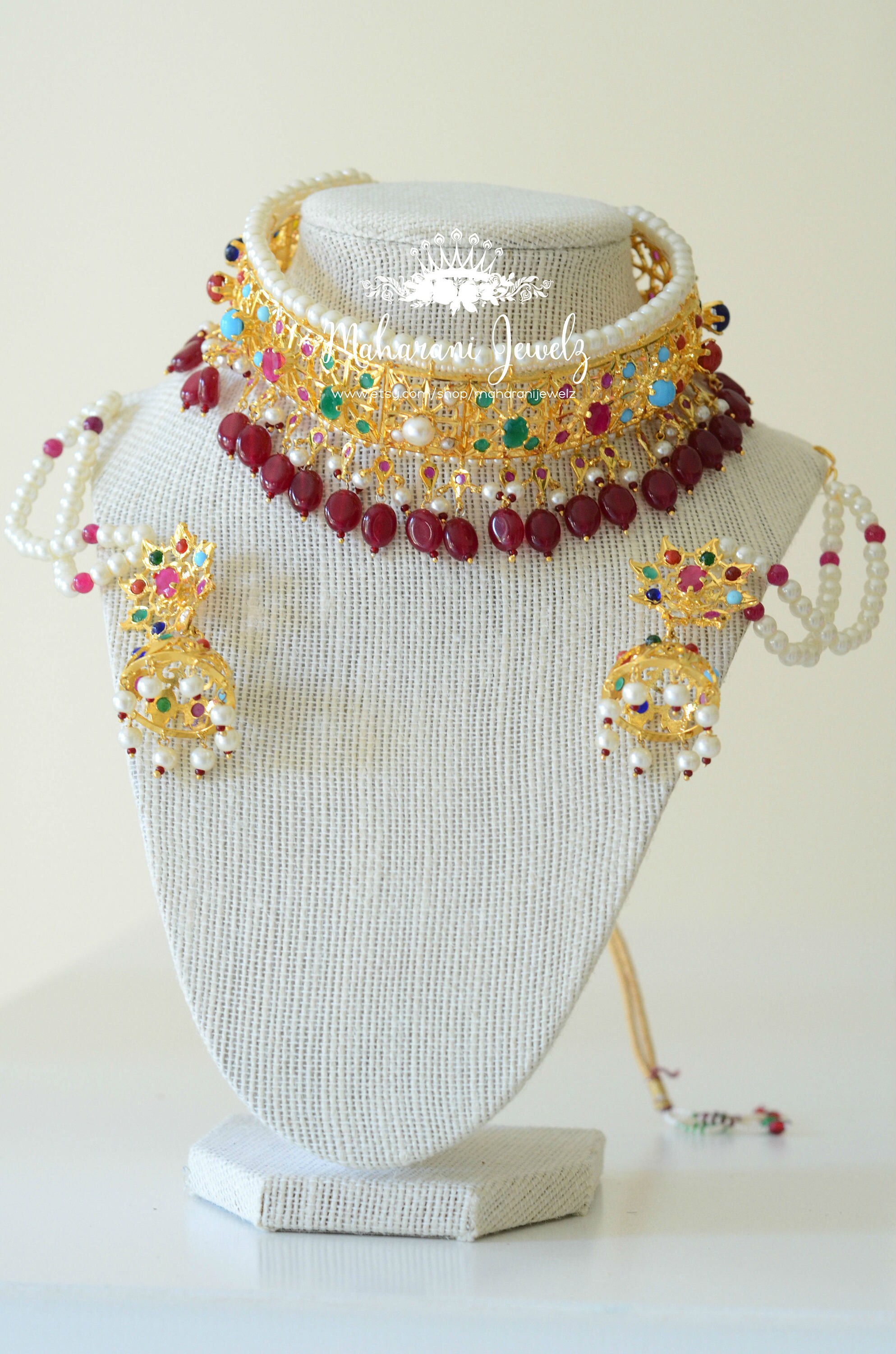 Navratan Hyderabadi Guluband Gold Plated Choker With Multi colored Stones With Earrings Etsy Canada