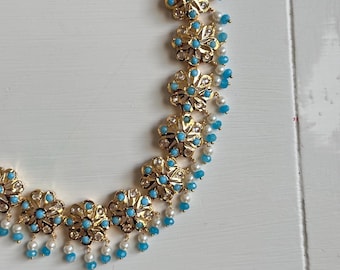 Gold Plated Firozi Flower Necklace Set with Jhumka Earrings