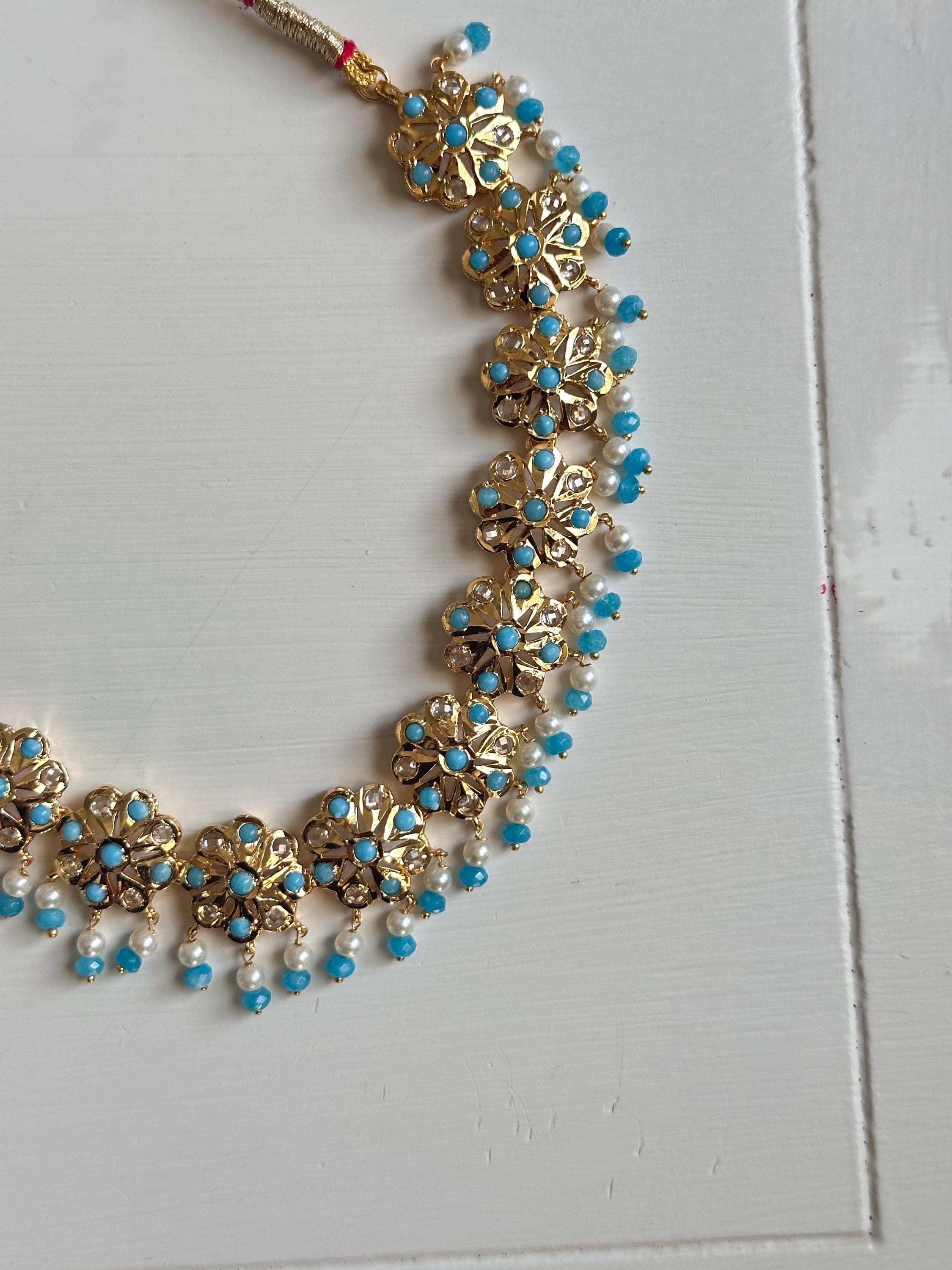 Gold Plated Firozi Flower Necklace Set
