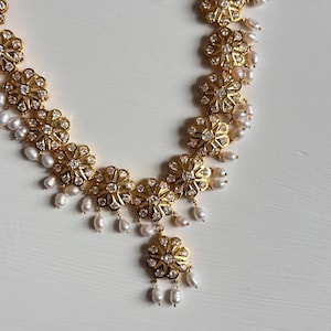 Floral Jadau Necklace Set | 21K Gold Plated, Pearls, Indian Bridal Jewelry image 1