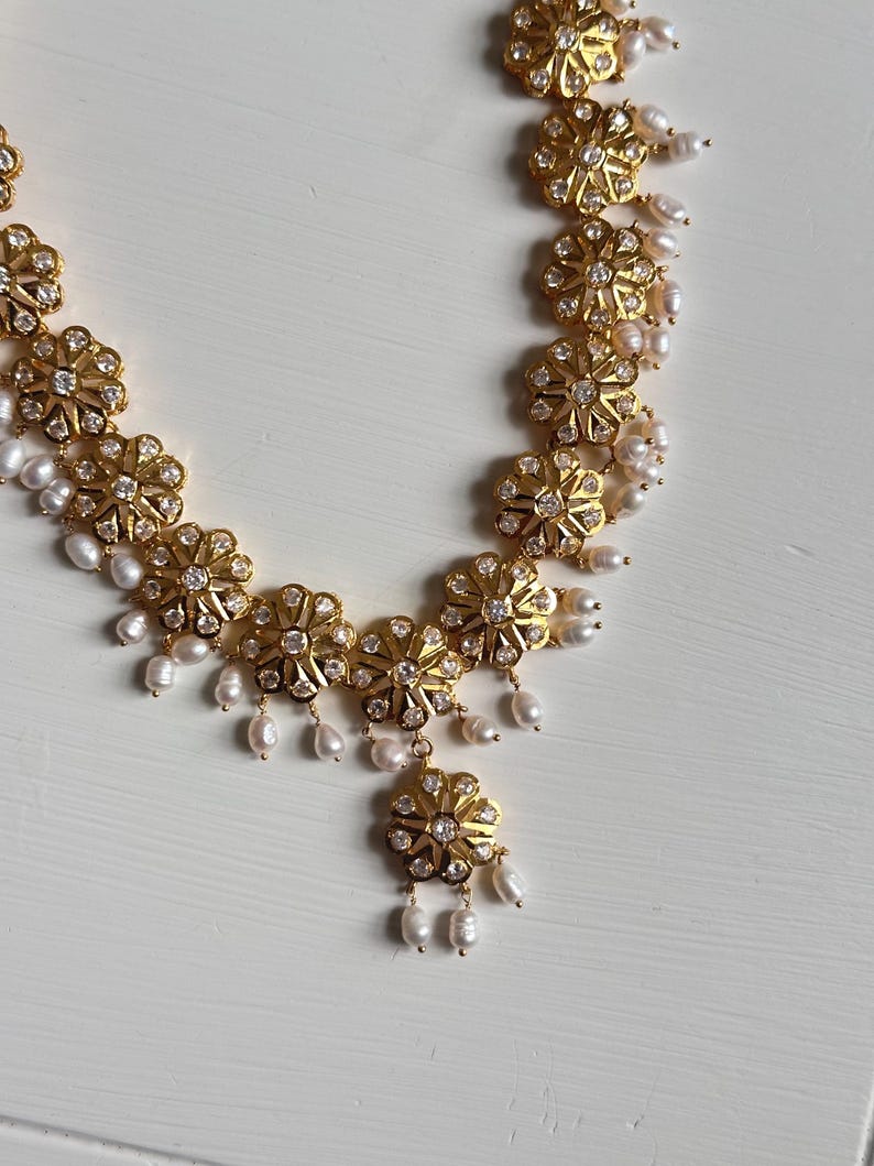 Floral Jadau Necklace Set | 21K Gold Plated, Pearls, Indian Bridal Jewelry image 1