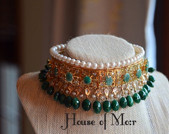 Hyderabadi Guluband (gold plated) with real emeralds and pearls collar/ choker with natural Emeralds and fresh water pearls/ Javadi lacha
