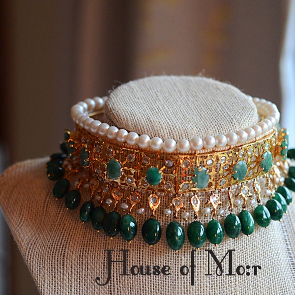 Hyderabadi Guluband (gold plated) with real emeralds and pearls collar/ choker with natural Emeralds and fresh water pearls/ Javadi lacha