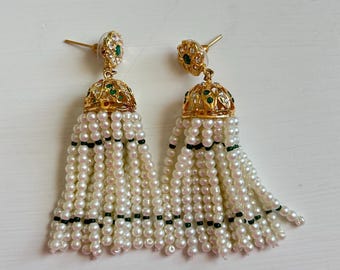 Gold Plated Tassel Pearl Jhumka Earrings with Emeralds – Traditional Indian Earrings, Bollywood Jewelry, Ethnic Wedding Jhumkas, Gift for He