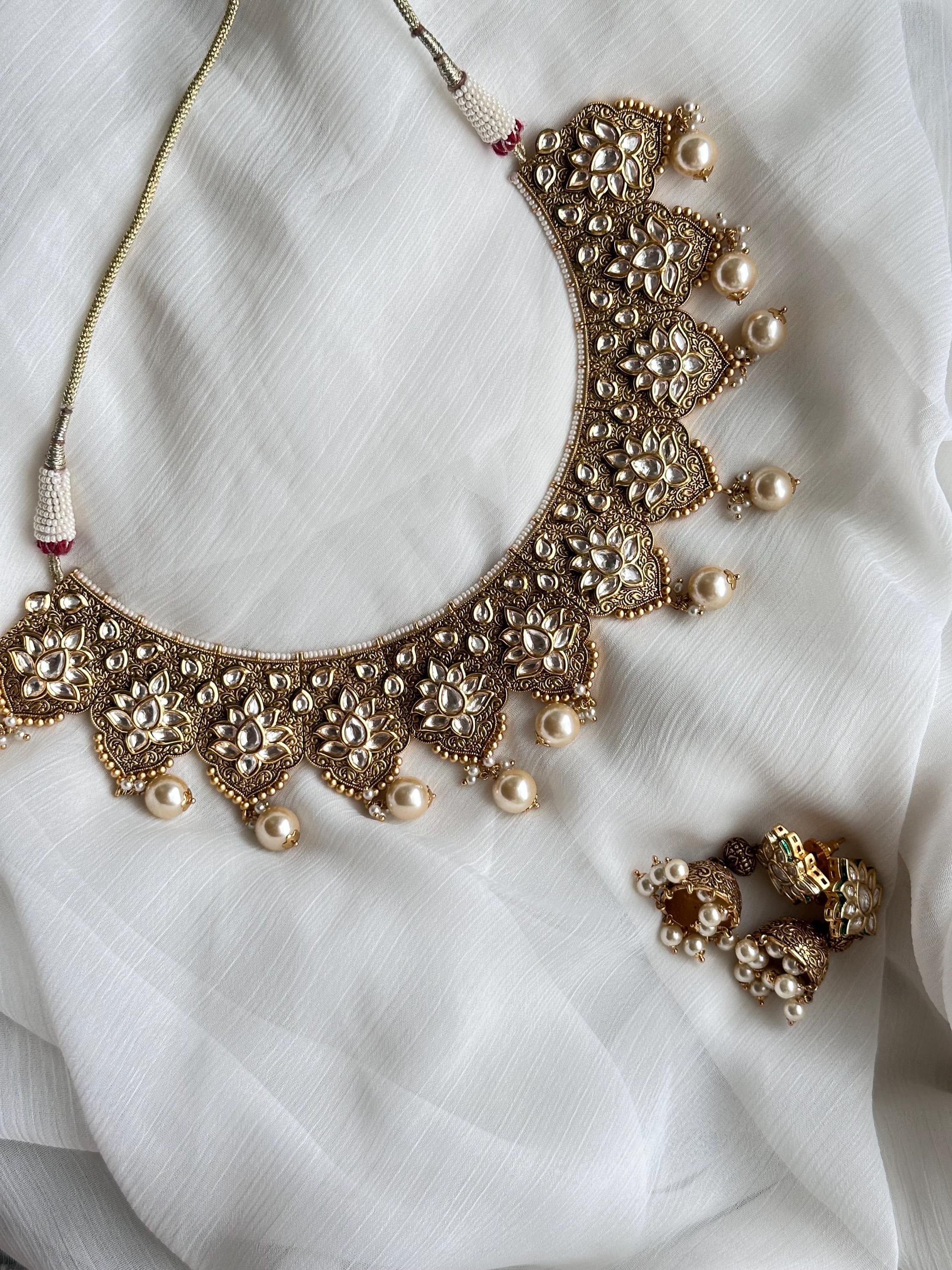 Kundan 21k Gold Plated on Silver Necklace Set With Lotus Motifs