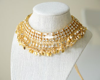 Farhana Bridal Gold Leaf Necklace set with 24k gold plating and authentic kundan work