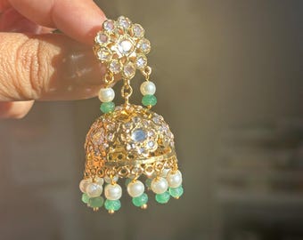 Jadau Jhumka Earrings, Emerald Pearl Earrings, 21K Gold Plated Silver Floral Indian Pakistani wedding Jewelry Gift for Her phool earrings