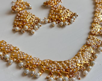 Conjunto de collar de perlas Jadau: joyería india con pendientes, regalo de novia