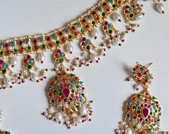 Navratan choker jadau Mughal inspired 21k gold plated on silver with pearls Indian wedding Pakistani jewelry set Mehndi Sangeet jewelry