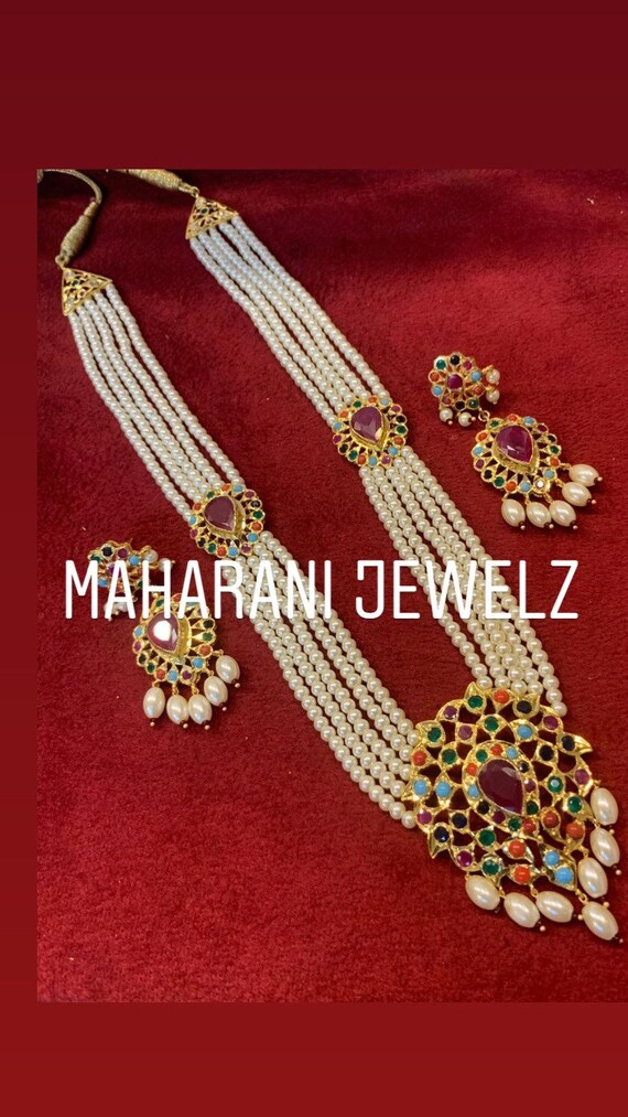 Conjunto de colar de pérolas Jadau Navratan Rani Haar Pérolas