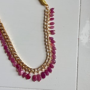 Pink Ruby Necklace Set, 21k Gold Plated Jadau Chandbalis