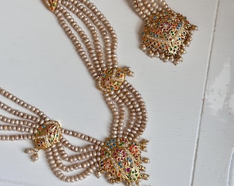 Navratan Jadau-kettingset | Verguld, zoetwaterparels, bruidssieraden
