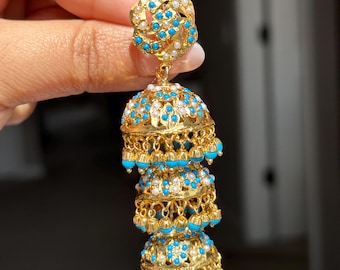 Firozi Pearl Jhumka Earrings 21K Gold Plated Silver Jadau Hyderabadi Indian Pakistani Jewelry Bridal Earrings Wedding Statement turquoise