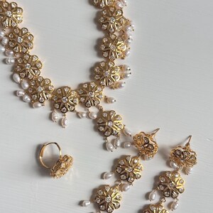Floral Jadau Necklace Set | 21K Gold Plated, Pearls, Indian Bridal Jewelry image 3