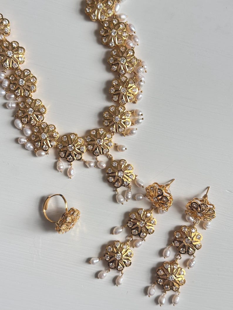 Floral Jadau Necklace Set | 21K Gold Plated, Pearls, Indian Bridal Jewelry image 3