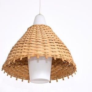Vintage pendant light, glass & rattan