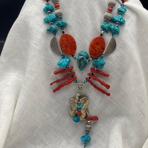 Rare Mohawkite, Old Stock Kingman Turquoise and Sponge Coral Necklace
