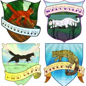 Warriors Cat Clan Crests 3" Vinyl Stickers - Thunder River Wind Shadow - Artist Designed - Boek Fan Cats Huisdieren