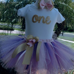 Pink and Gold Purple 1st Birthday Outfit, Girl 1st Birthday Tutu Outfit,baby girl 1st birthday outfit,birthday tutu,pink and gold tutu,girl image 1