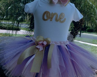 Pink and Gold Purple 1st Birthday Outfit, Girl 1st Birthday Tutu Outfit,baby girl 1st birthday outfit,birthday tutu,pink and gold tutu,girl