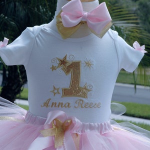 twinkle twinkle little star 1st birthday outfit, Pink and Gold 1st birthday baby girl outfit,one year old girl birthday outfit, shabby chic, image 1