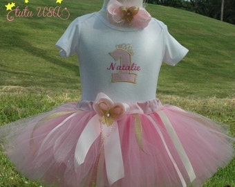 Tutu De Ninas Rosada Y Oro De Primer Cumpleanos,