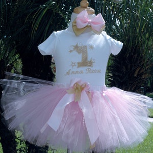 twinkle twinkle little star 1st birthday outfit, Pink and Gold 1st birthday baby girl outfit,one year old girl birthday outfit, shabby chic, image 2