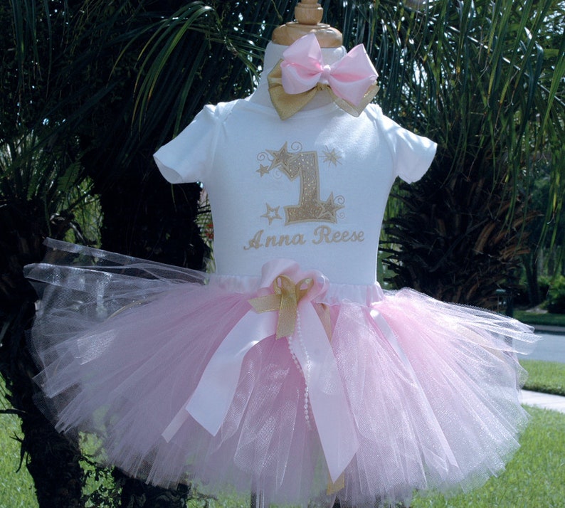 twinkle twinkle little star 1st birthday outfit, Pink and Gold 1st birthday baby girl outfit,one year old girl birthday outfit, shabby chic, image 2