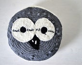 Handmade knitted owl ottoman in pure wool.Eco design owl pillow  grey and white for kids and home decor.