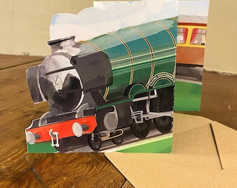 Flying Scotsman Steam Train Greetings Card, Hand-Cut Illustration