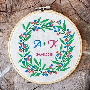 Cross stitch pattern, floral wreath, 2 alphabets bonus, baby announcement, save the date, embroidery pattern, Pdf PATTERN ONLY W001bonus image 1