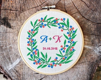 Cross stitch pattern, floral wreath, 2 alphabets bonus, baby announcement, save the date, embroidery pattern, Pdf PATTERN ONLY (W001bonus)