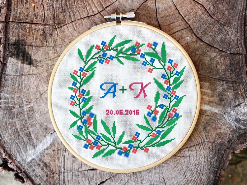 Cross stitch pattern, floral wreath, 2 alphabets bonus, baby announcement, save the date, embroidery pattern, Pdf PATTERN ONLY W001bonus image 1