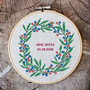 Cross stitch pattern, floral wreath, 2 alphabets bonus, baby announcement, save the date, embroidery pattern, Pdf PATTERN ONLY W001bonus image 2