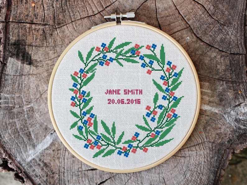 Cross stitch pattern, floral wreath, 2 alphabets bonus, baby announcement, save the date, embroidery pattern, Pdf PATTERN ONLY W001bonus image 2