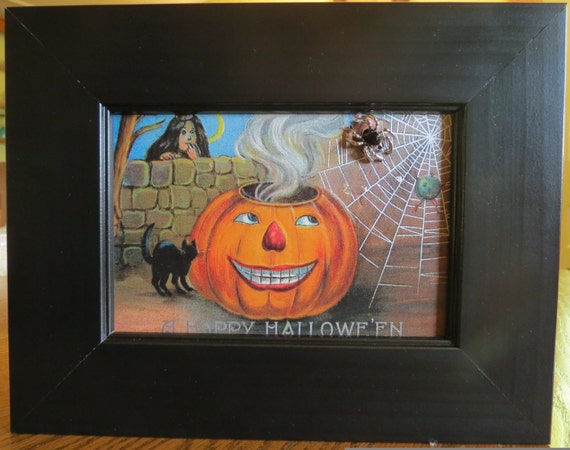 Halloween Wall Art Framed Reproduction Vintage Halloween Postcard Jack O Lantern Spider Halloween Decor