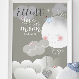 Love you to the Moon and Back Nursery Art, Moon and Stars Nursery Print, Twinkle Stars print, Moon and Stars Personalised Art, Grey nursery image 1