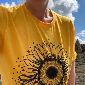 Sunflower T Shirt with Stars, Follow the Sun Motivational T Shirt, Wildflower Gardener T Shirt, Sunflower Floral Tee, Flower T Shirt Gold