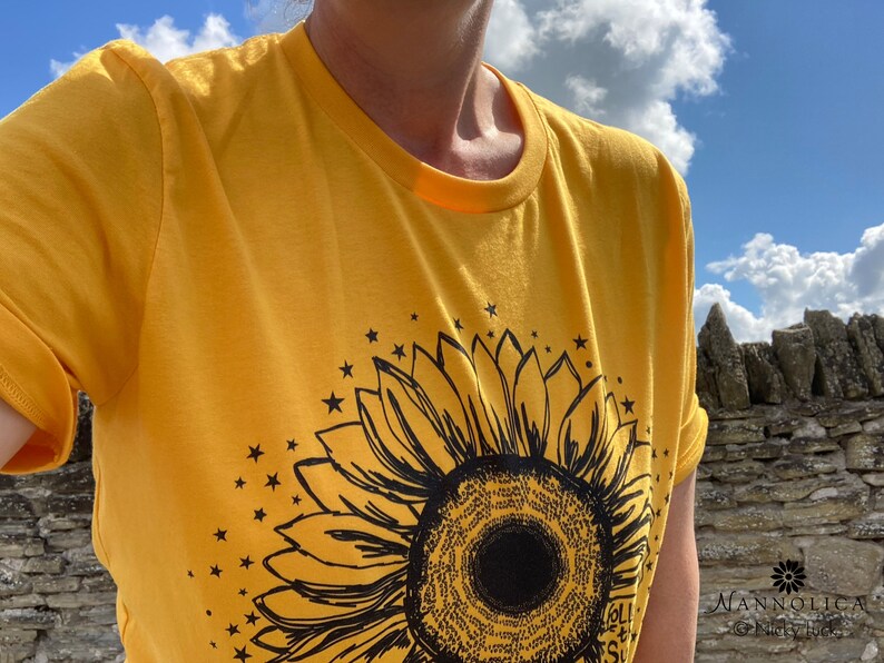 Sunflower T Shirt with Stars, Follow the Sun Motivational T Shirt, Wildflower Gardener T Shirt, Sunflower Floral Tee, Flower T Shirt Gold