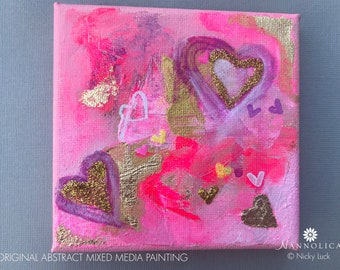 Heart Abstract Painting, Pink Abstract Painting, Pink and Gold Abstract Painting, Pink Hearts Painting, Love Heart Painting, Self Love Art