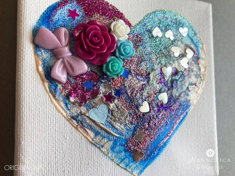 Heart abstract painting, Heart mixed media painting, Blue Heart Painting, Purple Glitter Heart Art, Heart Canvas Art, Love Heart Art, Clare 画像 3